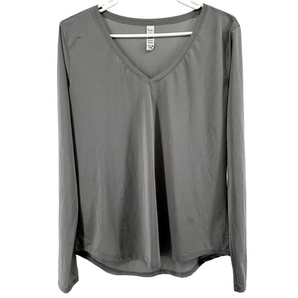 Zyia Active V Neck Long Sleeve Workout Top Striped Logo Pullover Gray Large - Picture 1 of 4